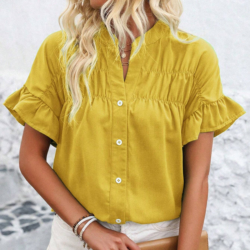 Women’s Ruffle Sleeve Summer Button-Down Blouse – Dressy V-Neck Work Top