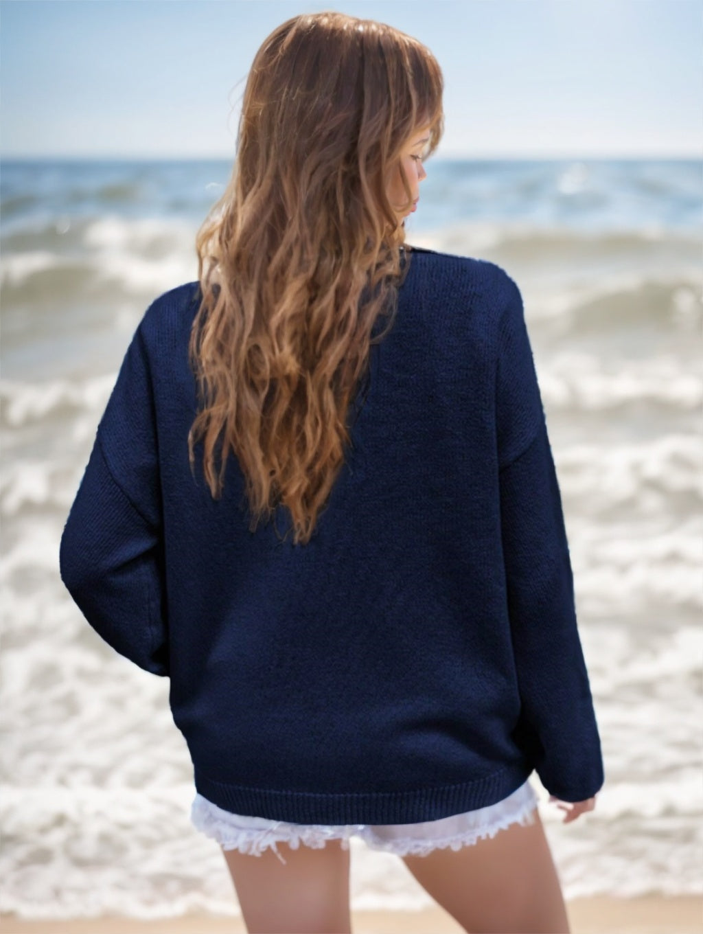 Women’s USA Flag Drop Shoulder Sweater – Long Sleeve Casual Knit Top