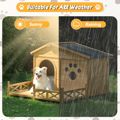48" Wooden Outdoor Dog House with Porch & Waterproof Roof – Cozy Medium Pet Kennel with Fence