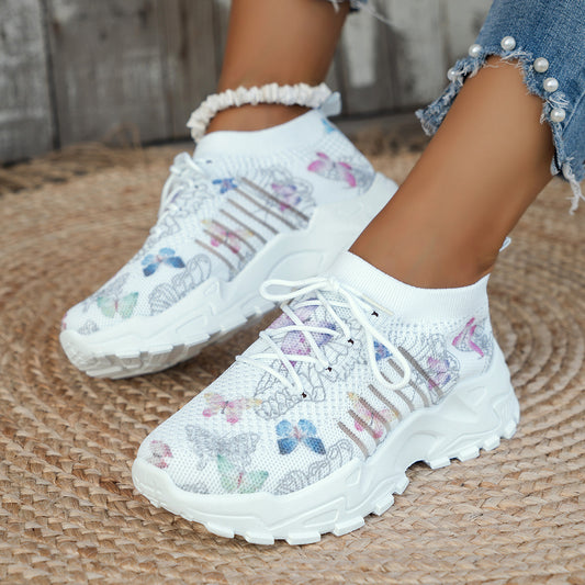 Women’s Butterfly Print Mesh Sneakers – Stylish Flat Heel Running & Walking Shoes