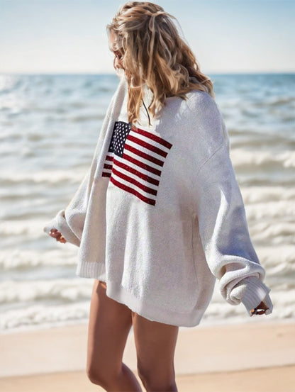 Women’s USA Flag Drop Shoulder Sweater – Long Sleeve Casual Knit Top