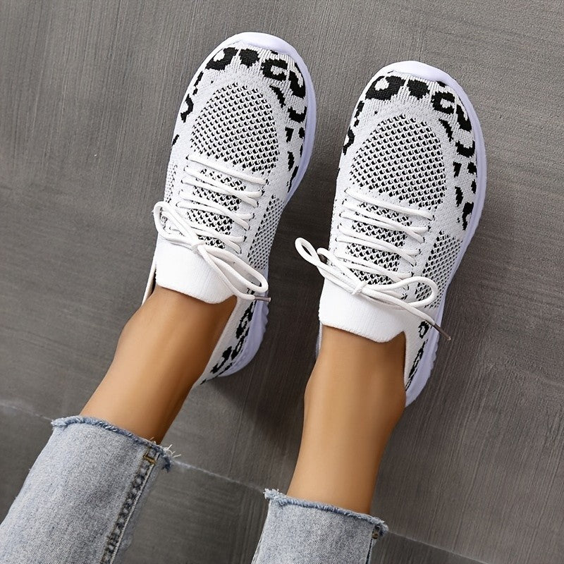 Women’s White Leopard Print Lace-Up Sneakers – Trendy Casual Sports Shoes