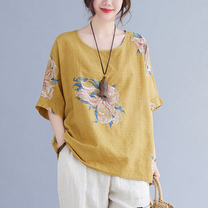 Korean Cotton Linen Half-Sleeve Summer Top