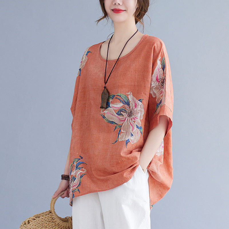 Korean Cotton Linen Half-Sleeve Summer Top