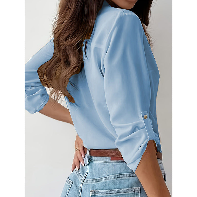 Women’s V-Neck Button-Down Blouse – Rolled Sleeve Dressy Casual Top