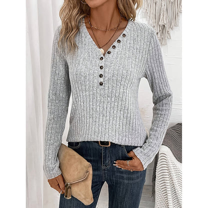 Slim Rib V-Tunic – Women’s Ribbed Knit Long-Sleeve V-Neck Button Down Top
