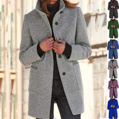 EleganceWool Stand Collar Coat – Warm Fall & Winter Button Outwear for Women