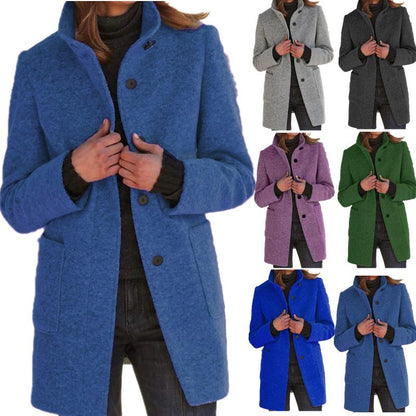 EleganceWool Stand Collar Coat – Warm Fall & Winter Button Outwear for Women